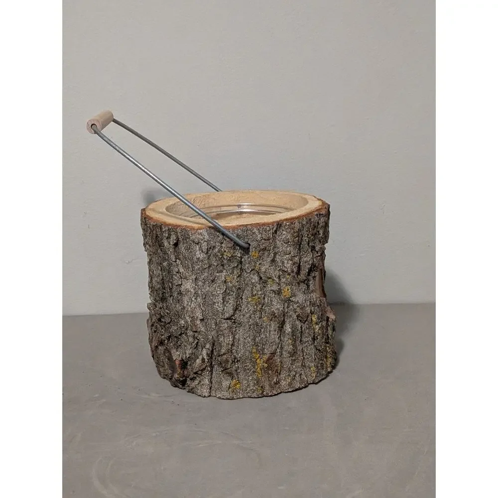 Rustic Tree Bark Log Candle Holder Lantern with Acorn Cutout & Glass Insert